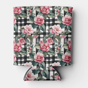 Black and White Plaid With Leafy Pink Camellias Can Cooler