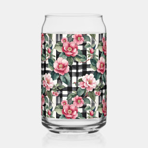 Black and White Plaid With Leafy Pink Camellias Can Glass