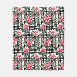 Black and White Plaid With Leafy Pink Camellias Fleece Blanket