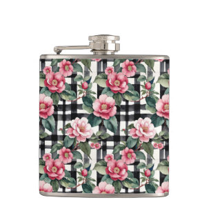 Black and White Plaid With Leafy Pink Camellias Hip Flask