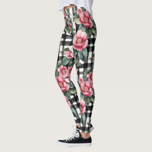 Black and White Plaid With Leafy Pink Camellias Leggings