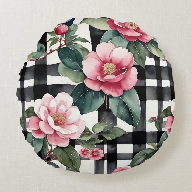 Black and White Plaid With Leafy Pink Camellias Round Pillow (Front)