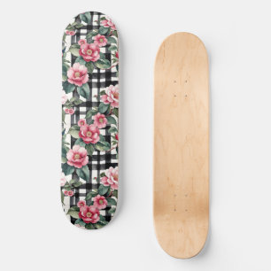 Black and White Plaid With Leafy Pink Camellias Skateboard