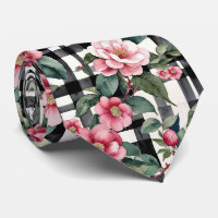 Black and White Plaid With Leafy Pink Camellias