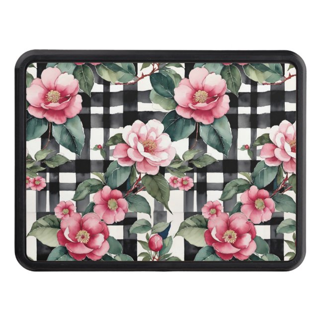 Black and White Plaid With Leafy Pink Camellias Trailer Hitch Cover (Front)