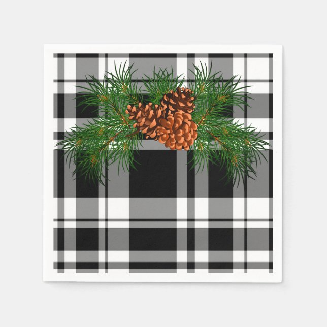 Black and White Plaid with pine cone detail Napkin (Front)