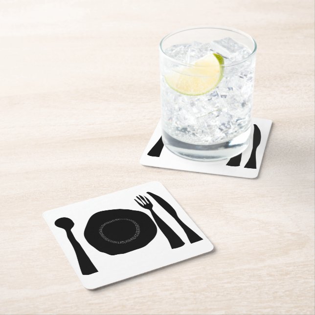 Black and White Plate and Utensils Square Paper Coaster (Insitu)