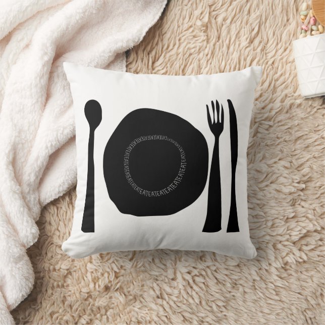Black and White Plate and Utensils Throw Pillow (Blanket)