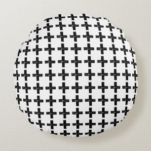 Black and White "Plus" Math Symbol Lino Cut Round Pillow