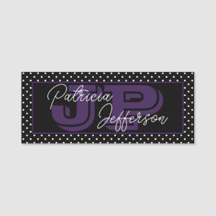 Black and White Polka Dot: Chic Purple Monogrammed Name Tag