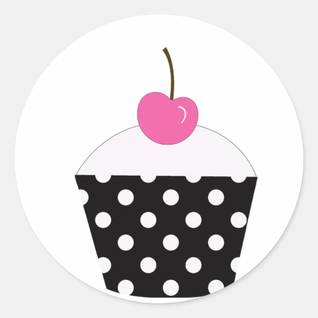 Black and White Polka Dot Cupcake With Pink Cherry Classic Round Sticker (Front)
