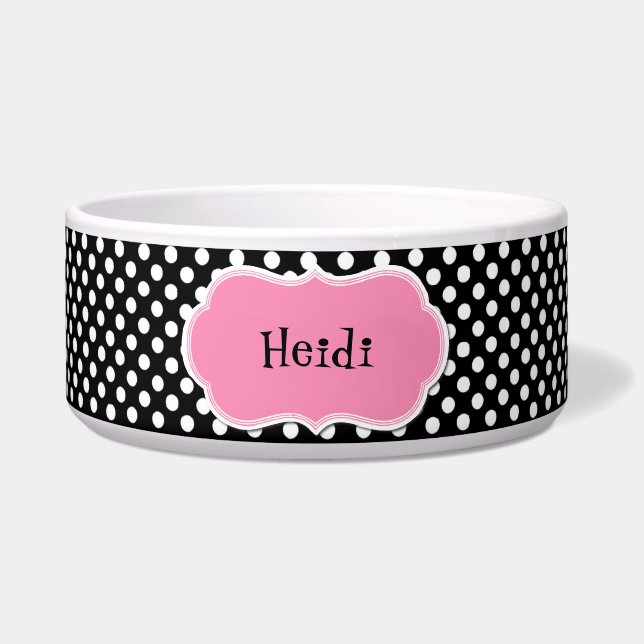 Black and White Polka Dot Custom Dog Bowl (Front)