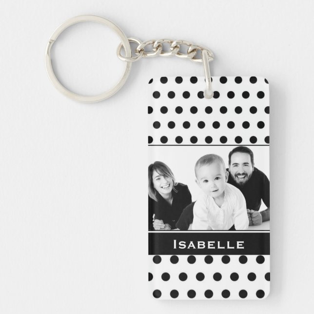 Black and White Polka Dot Custom Photo and Text Keychain (Front)