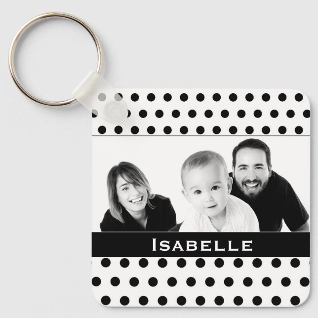 Black and White Polka Dot Custom Photo Keychain (Front)