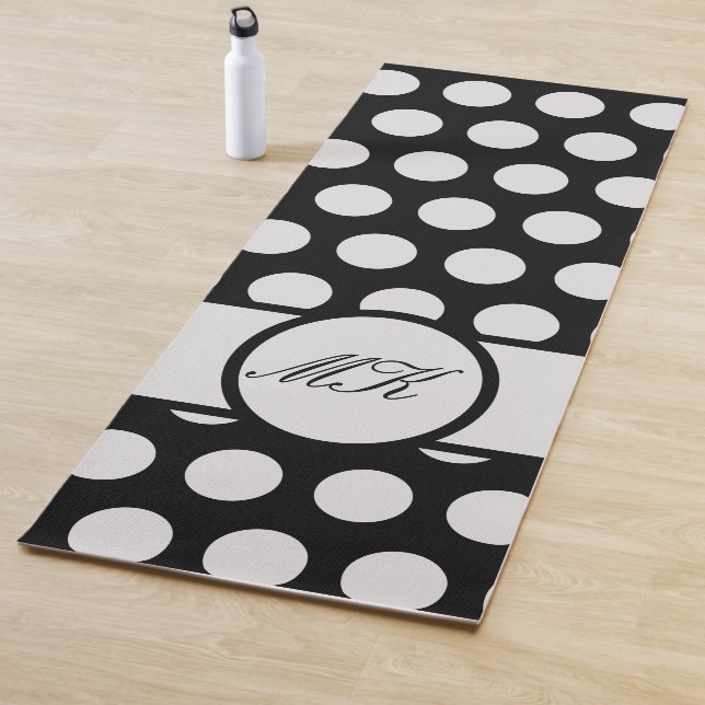 Black and White Polka Dot Cute Monogrammed Yoga Mat (In Situ)