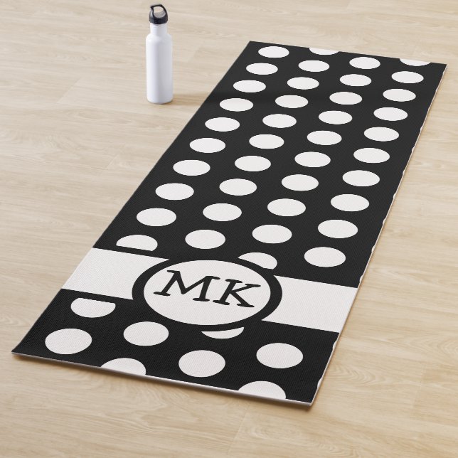 Black and White Polka Dot Cute Monogrammed Yoga Mat (In Situ)