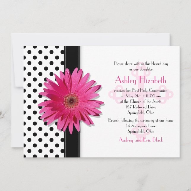Black and White Polka Dot Daisy Confirmation Invitation (Front)