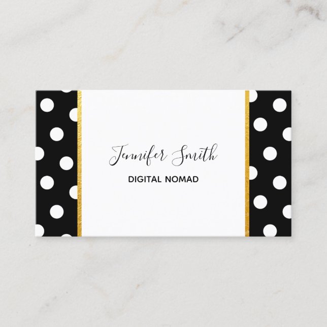 Black and White Polka Dot Gold Foil Trim Business Card (Front)