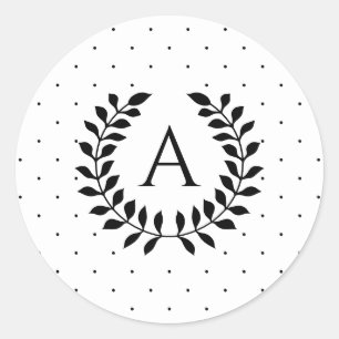 Black And White Polka Dot Laurel Wreath Monogram Classic Round Sticker