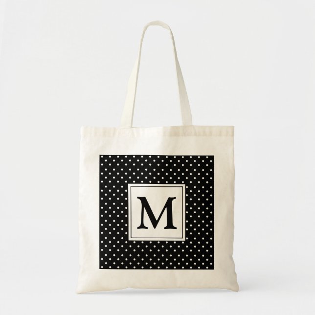 Black and White Polka Dot Modern Monogram Tote Bag (Front)