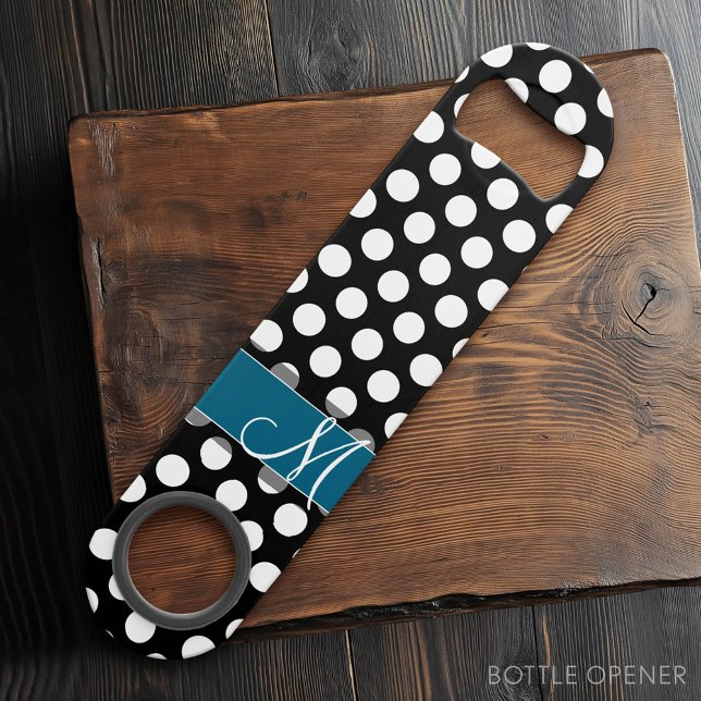 Black and White Polka Dot Pattern Blue Monogram Bar Key (Custom Bar Key)