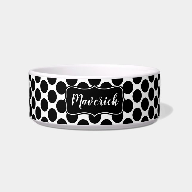 Black and White Polka Dot Pattern Custom Name Bowl (Front)