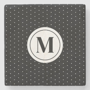 Black and White Polka Dot Pattern Monogram Stone Coaster