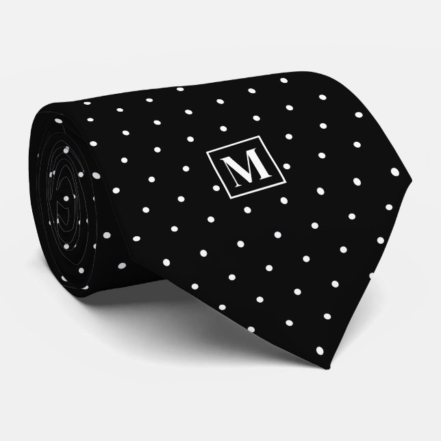 Black and White Polka Dot Pattern Monogram Tie (Rolled)