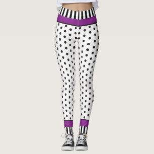 Black and white polka dot pattern & stripes purple leggings
