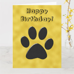 Black and white polka dot paw on shiny gold card