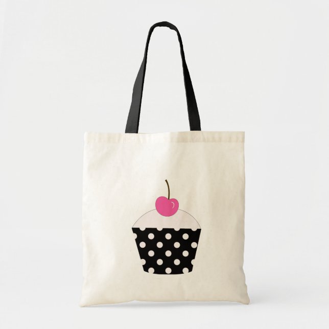 Black and White Polka Dot Pink Cherry Cupcake Tote (Front)