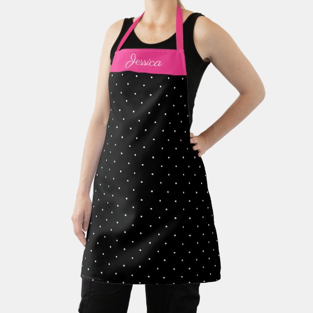 Black and White Polka Dot Red Personalized Name Apron (Insitu)
