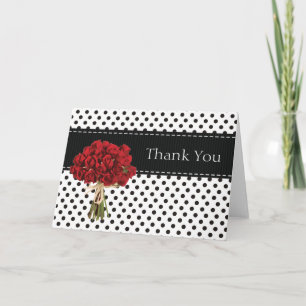Black and White Polka Dot Red Roses Thank You Card
