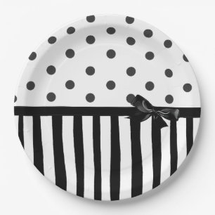 Black and White Polka Dot Striped Paper Plate