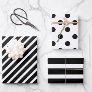 Black and White Polka Dot Striped Wrapping Paper Sheet