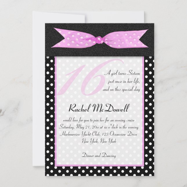 Black and White Polka Dot Sweet Sixteen Invitation (Front)