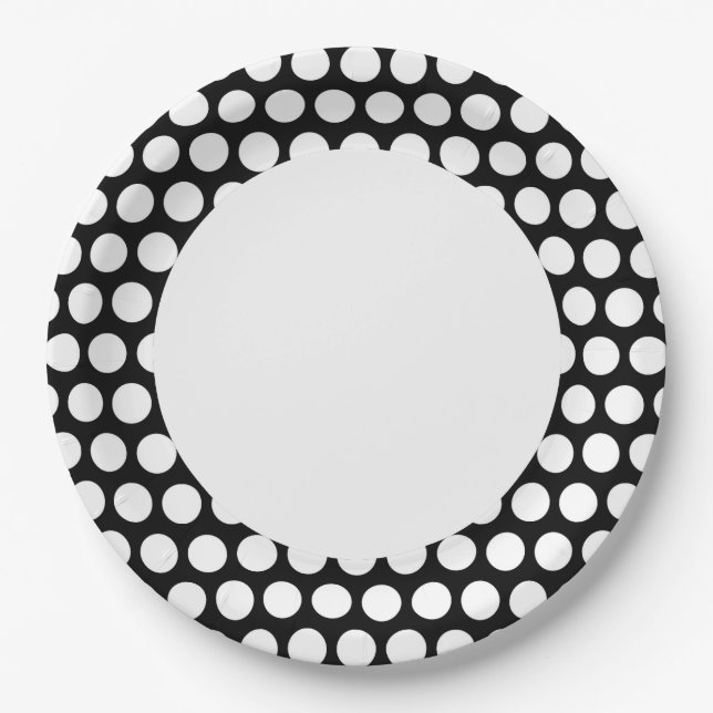 Black and White Polka Dot with Circle Paper Plate (Front)
