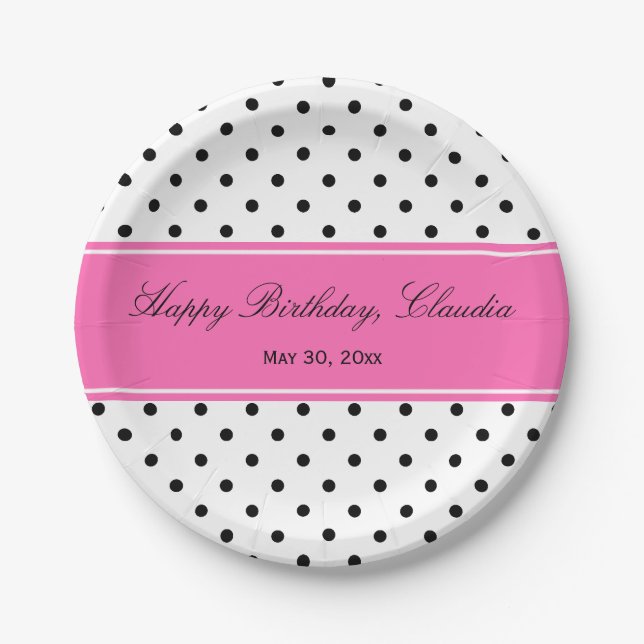 Black and White Polka Dot with Hot Pink Birthday Paper Plate (Front)