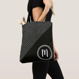 Black and White Polka Dots and Solid Monogram Tote Bag