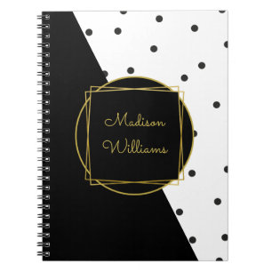 Black and White Polka Dots Colour Block with Name Notebook