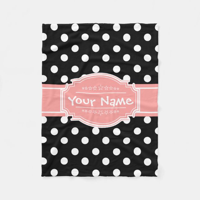 Black and White Polka Dots Coral Personalized Name Fleece Blanket (Front)