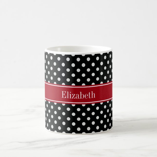 Black and White Polka Dots Cranberry Name Monogram Coffee Mug (Center)