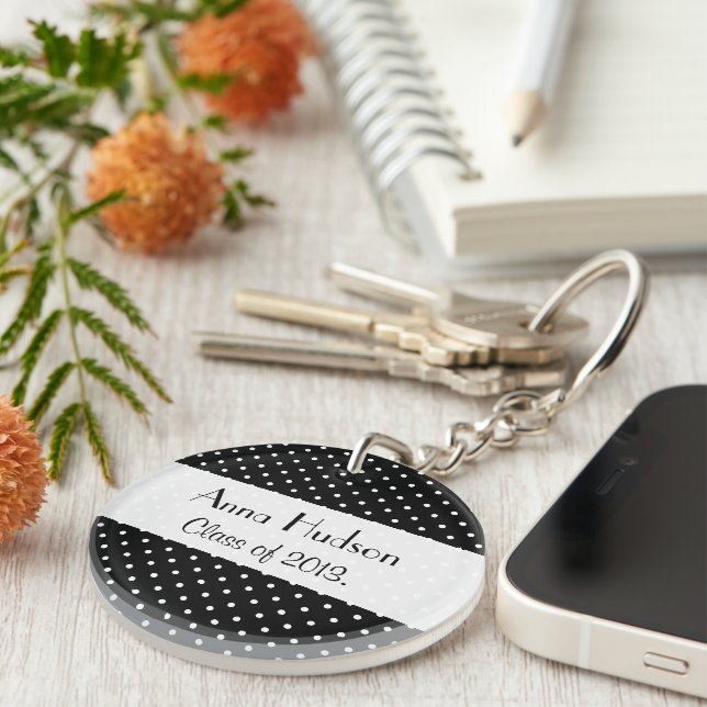 Black and White Polka Dots, Dotted, Graduation Keychain (Front Right)