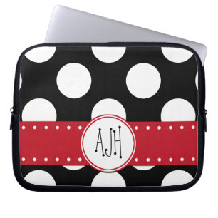 Black and White Polka Dots, Dotted, Monogram Laptop Sleeve