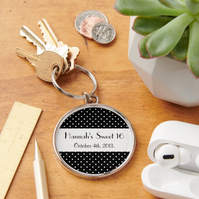 Black and White Polka Dots, Dotted, Sweet 16 Keychain (Desk)
