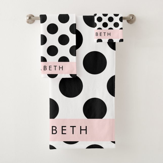 Black and White Polka Dots, Dotted, Your Name Bath Towel Set (Insitu)