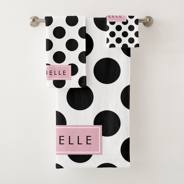 Black and White Polka Dots, Dotted, Your Name Bath Towel Set (Insitu)