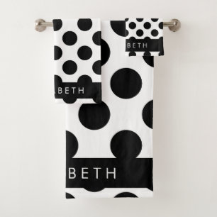 Black and White Polka Dots, Dotted, Your Name Bath Towel Set