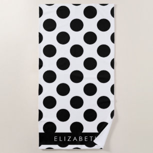 Black and White Polka Dots, Dotted, Your Name Beach Towel