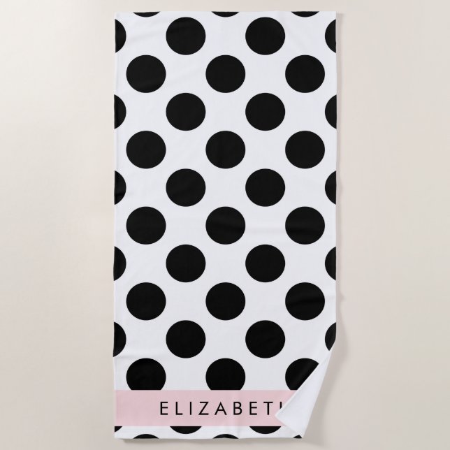 Black and White Polka Dots, Dotted, Your Name Beach Towel (Front)